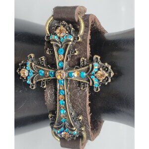 Boho Style Crystal Black Toned Cross Bracelet Brown Leather Worn Look Sz 6
